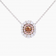 Odyssey cushion and round-cut orange Argyle pink and white diamond halo necklace