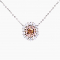 Odyssey cushion and round-cut orange Argyle pink and white diamond halo necklace