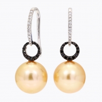 Andrina gold South Sea pearl with white and black diamond shepherd hook earrings