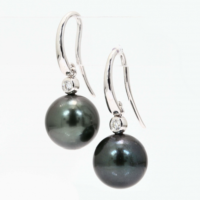 Frost black Tahitian pearl and white diamond hook earrings